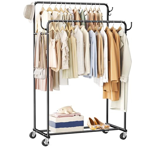 HOGHOW CLOTHES RACK ROLLING CLOTHING RACK WITH DOUBLE RODS FOR HANGING CLOTHES