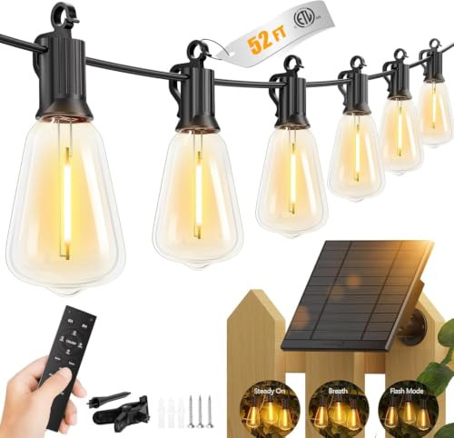 BRIGHTOWN 52FT SOLAR STRING LIGHTS OUTDOOR, 15+2 LED BULBS - BLACK