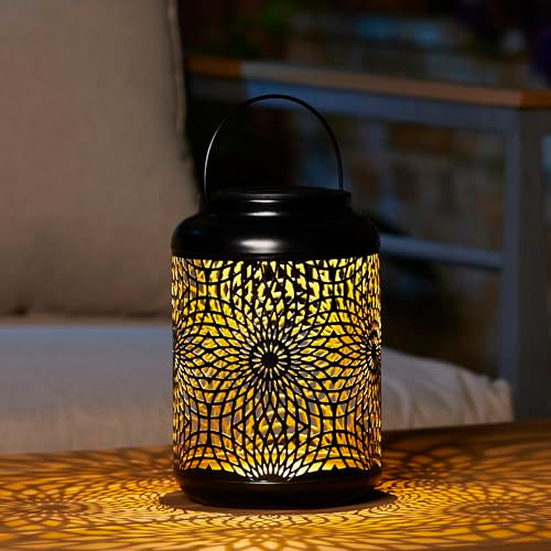 GLITZHOME 8.75 IN. H METAL CUTOUT SOLAR POWERED OUTDOOR HANGING LANTERN BLACK