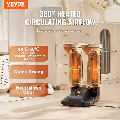 VEVOR 180° FOLDABLE 2 TUBES SHOE DRYER PORTABLE BOOT DRYER TIMER - BLACK/ORANGE