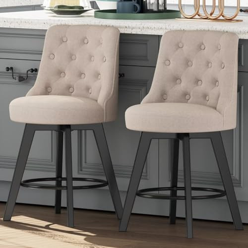 MINCETA 360 Swivel Bar Stools Set of 2 26" Upholstered Height Barstools - Beige