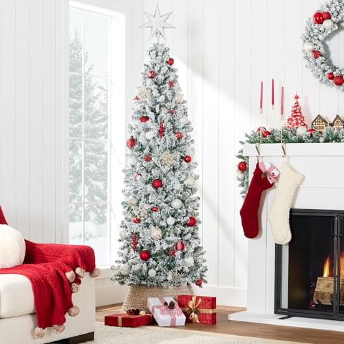 Best Choice Products Flocked Pencil Christmas Tree Unlit Slim Holiday Decoration New