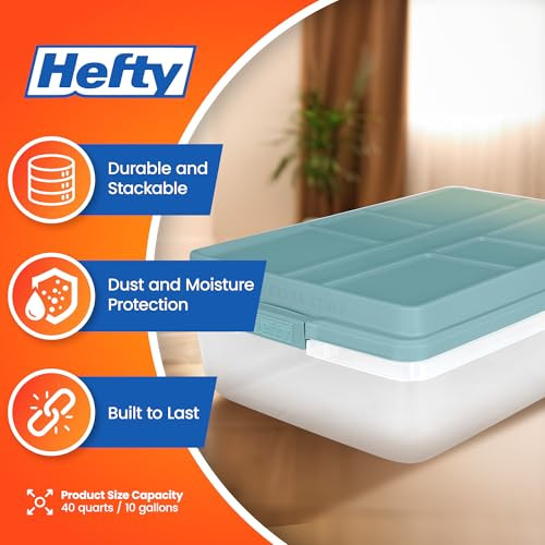 Hefty 40 Quart Hi-Rise Storage Bin Lid Stackable Plastic 6 Pack Smoke Blue New