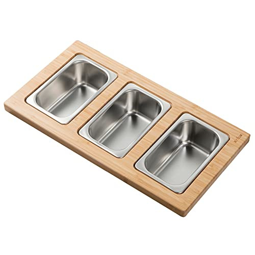 Kraus Kore Serving Board Set with Square Stainless Steel Bowls (x3) New