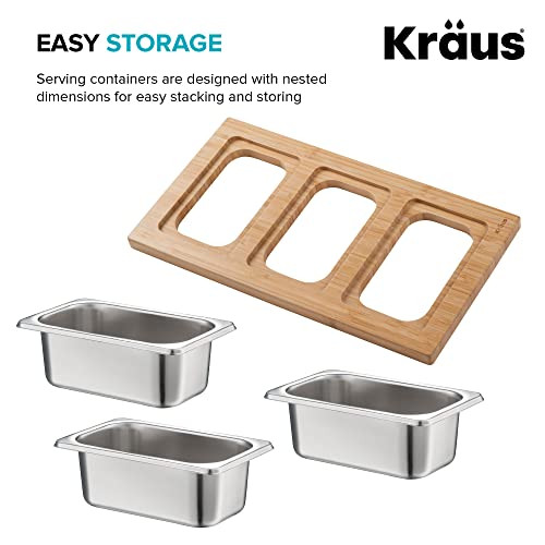 Kraus Kore Serving Board Set with Square Stainless Steel Bowls (x3) New
