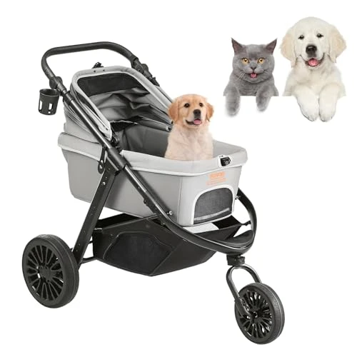 VEVOR LARGE PET STROLLER FOR DOGS CATS UP TO 75LBS 3 WHEELS FOLDING - DARK/GRAY