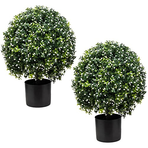 Two 20"T Artificial Boxwood Topiary Ball Trees Fake Bushes Shrubs UV Resistant