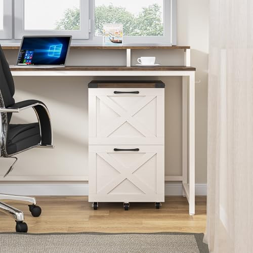 HALITAA FARMHOUSE 2 DRAWER SMALL FILE CABINET WITH WHEELS - RUSTIC WHITE