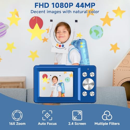 GTONSTER DIGITAL CAMERA, 44MP COMPACT CAMERA, FHD 1080P POINT AND SHOOT - BLUE