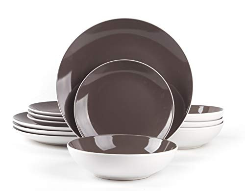 HomeVss Stoneware Coupe Shape 12pc Dinnerware Set, OutsideWhite +InsideTaupe