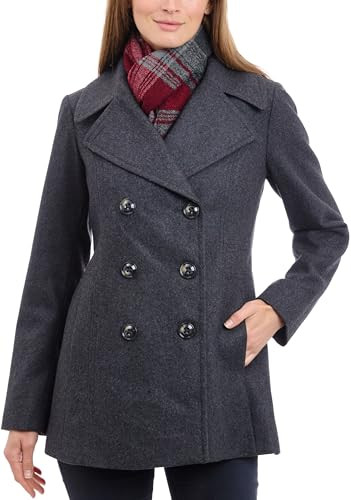 LONDON FOG Women's Double Breasted Peacoat with Scarf - Charcoal, Small New