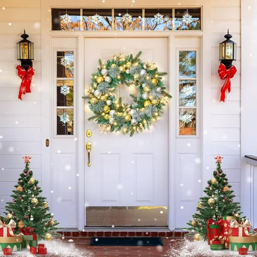 Prelit Christmas Wreath 50LED,24In Gold Silver Christmas Door Wreath B0DBLPJW2X New
