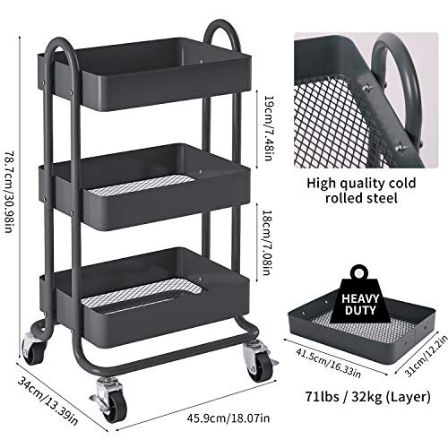 MIOCASA 3-Tier Metal Utility Rolling Cart, Heavy Duty Multifunction B08NT9RDKH New