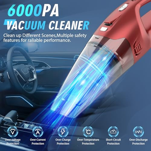 FUOAYOC HANDHELD VACUUM CORDLESS,CAR CORDLESS RECHARGEABLE 6KPA LIGHT - RED