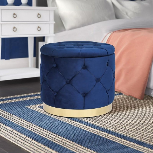 Adeco Round Velvet Storage Ottoman Multi-Function Vanity Footstool Navy New