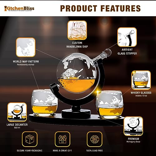 KitchenBliss Artisan Handmade Whiskey Decanter Ship In A Bottle Globe - NEW New