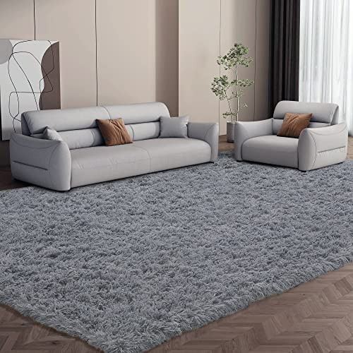 HOMBYS Soft Area Rug for Living Room 8x10 Feet Fluffy 2.4" Plush - Light Grey New