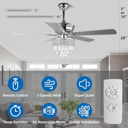 YYEHON 52" Chandelier Fan with Lights, Remote, Ceiling Fan, B0B915FYFY - Black New