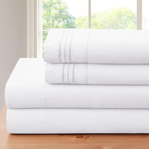 BAMBOO 1800 THREAD 3 LINE EMBROIDERED DEEP POCKET SHEET SET (4PC) QUEEN - WHITE