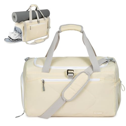 OutSpry Travel Duffle Bag 30L Gym with Yoga Buckle & Shoe Compartment,Beige