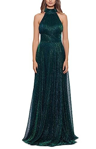 Betsy & Adam Mock Neck Metallic Crinkle Wrap Gown Jade 12