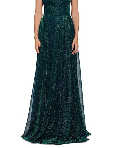 Betsy & Adam Mock Neck Metallic Crinkle Wrap Gown Jade 12