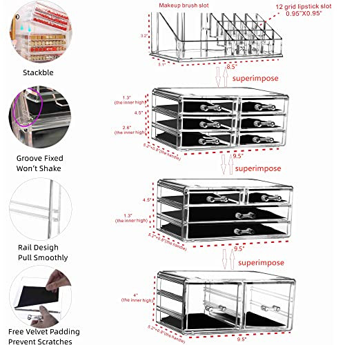 Cq 4 Pack Clear Makeup Organizer Countertop Stackable 12 Drawers B08ZJ5V8S9