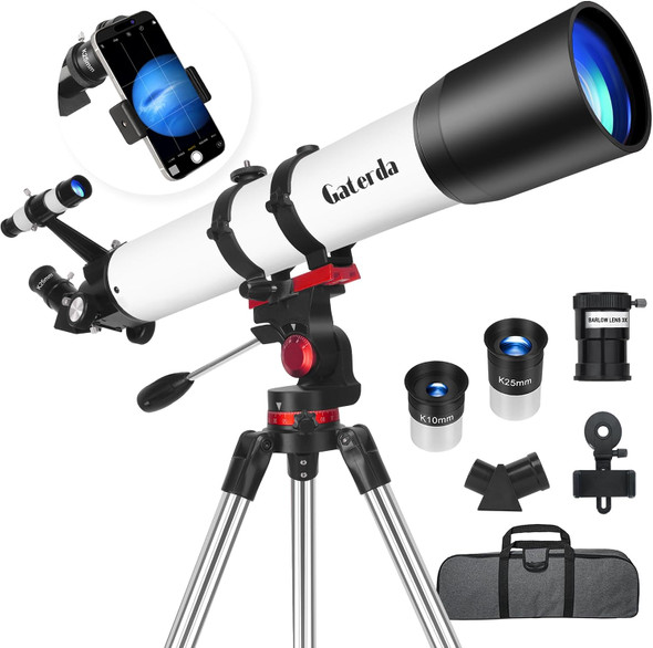 GATERDA TELESCOPE 90MM APERTURE REFRACTOR TELESCOPE FOR BEGINNERS - BLACK/WHITE New