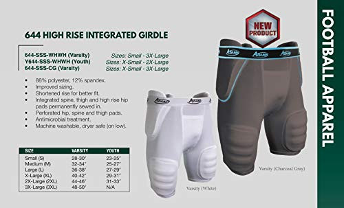 Adams High Rise Varsity Football Girdle Integraded Pads, Large, White New