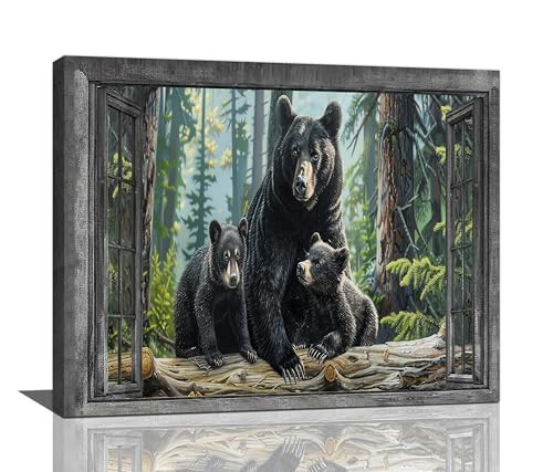YOSHANA Black Bear Wall Art Window Animal Canvas Prints Forest Bears Pictures New