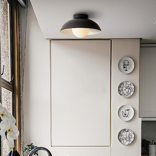 1-Light Flush Mount Ceiling Light White Opal Glass Shade B0C78DQPYR - Black New