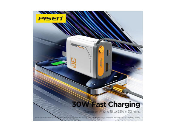 PISEN 30W GaN Fast Charging Retractable Wall Charger Set White (US)