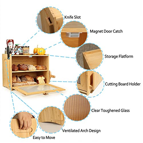 Art Secret Double Layer Bamboo Bread Box -Large Capacity Bread Bin -Maple Leaf New