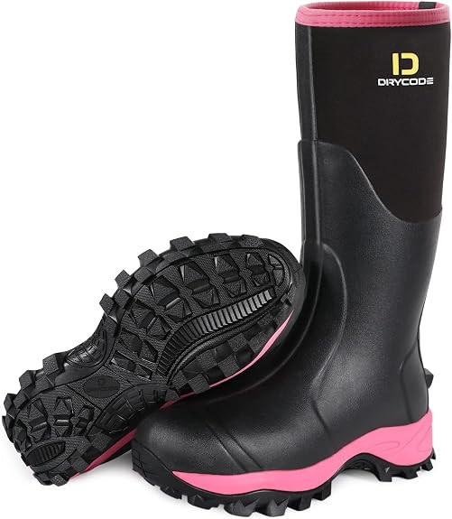 D DRYCODE RUBBER BOOTS STEEL SHANK MUD WORK HUNTING BOOTS - SIZE: WOMEN 8 - PINK