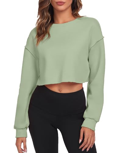 FKEEP CROPPED SWEATSHIRTS WOMEN LONG SLEEVES CREWNECK PULLOVER ZGREEN-M New