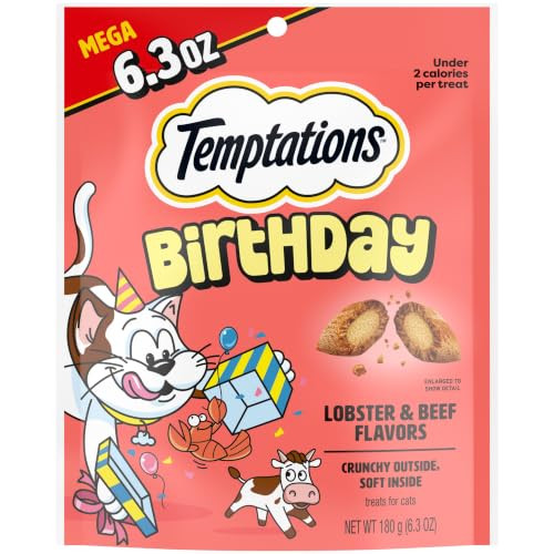 Temptations Birthday Crunchy Cat Treats, Lobster & Beef, 6.3 oz, 10 Pack New