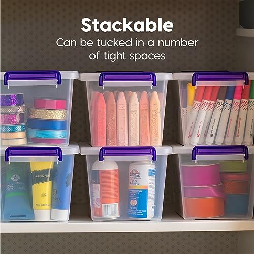 IRIS 5 Quart Plastic Storage Bins Secure Buckles Portable Clear/Violet 6 Pack New