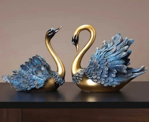 LUXURY HOME 2PCS COUPLE SWAN RESIN SCULPTURE TABLETOP DECOR ORNAMENT - BLUE,GOLD