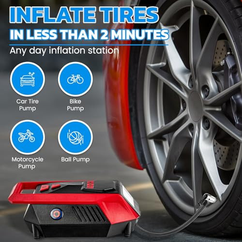 EMSON BULLSEYE 12V DC CAR TIRE INFLATOR PORTABLE AIR COMPRESSOR 9827 - RED