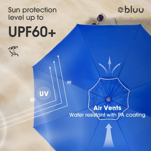 BLUU 7FT Beach Portable Sunshade Umbrella SPF60+ Sand Anchor Blue B09N742MZ2