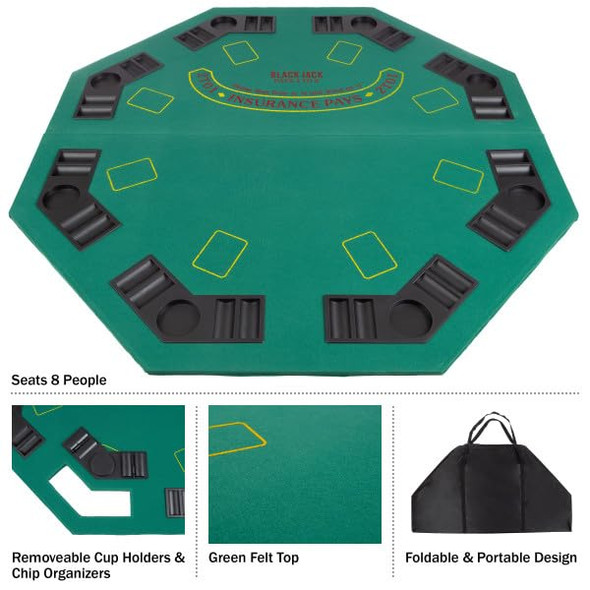 Folding Poker Table Top 48" Solid Wood Topper Built-In Cupholders New