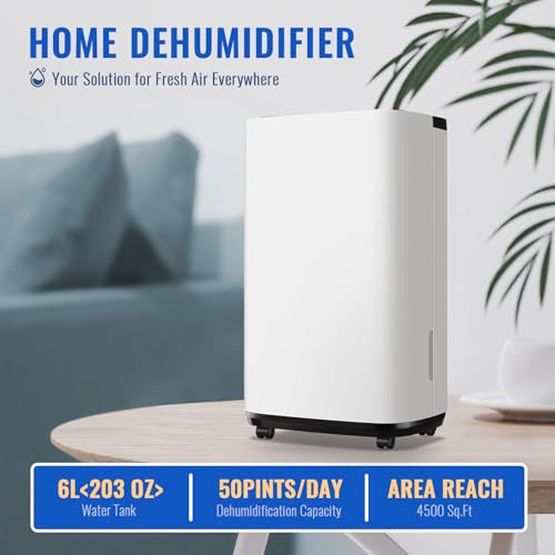 WANAI 50 PINT PORTABLE DEHUMIDIFIER WITH DRAIN HOSE FOR BASEMENTS 4,500 SQ FT