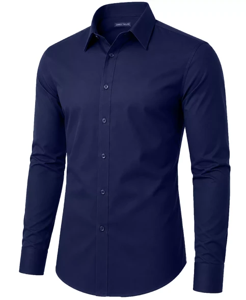 JAMES TAILOR MEN' SLIM FIT LONG SLEEVE STRETCH DRESS SHIRT - SIZE: MEN L - NAVY