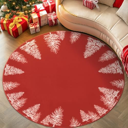 Jinchan Christmas Round Area Rug 7ft Xmas Tree Washable Soft Rug - Red New