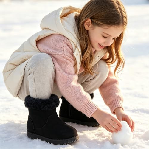 Girls Boots Warm Ankle Winter Boots Kids Soft Plush Lining Fur Collar - Black New