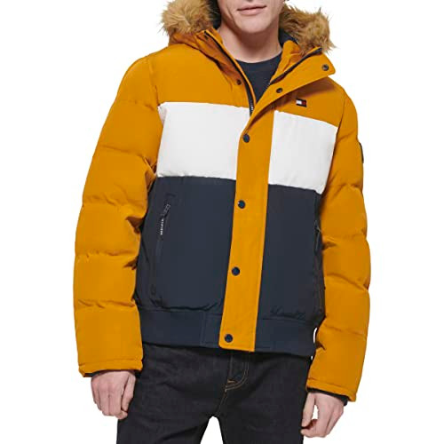 Tommy Hilfiger Men's Arctic Cloth Quilted Snorkel Bomber Jacket - Gold - Small New