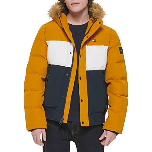 Tommy Hilfiger Men's Arctic Cloth Quilted Snorkel Bomber Jacket - Gold - Small New