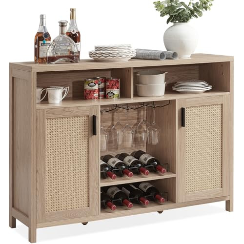 ALAXGUMROL COFFEE BAR CABINET RATTAN BUFFET SIDEBOARD STORAGE D02001N - OAK