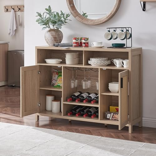 ALAXGUMROL COFFEE BAR CABINET RATTAN BUFFET SIDEBOARD STORAGE D02001N - OAK