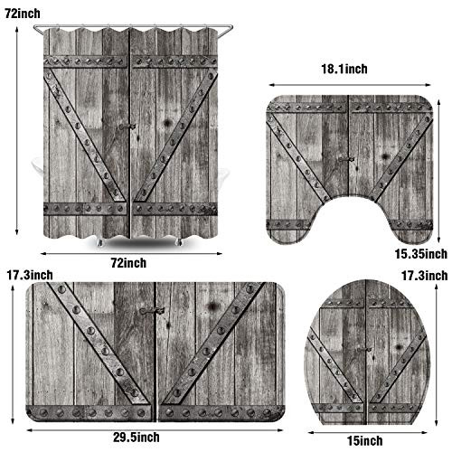 4 Pcs Rustic Shower Curtain Set Wooden Barn Shower Curtain Fabric New